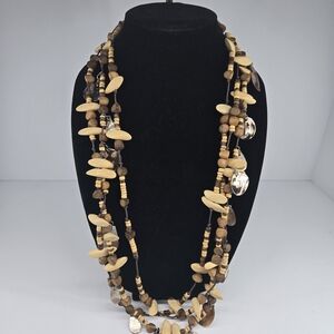 Brown Wood Beaded + Shell Necklace